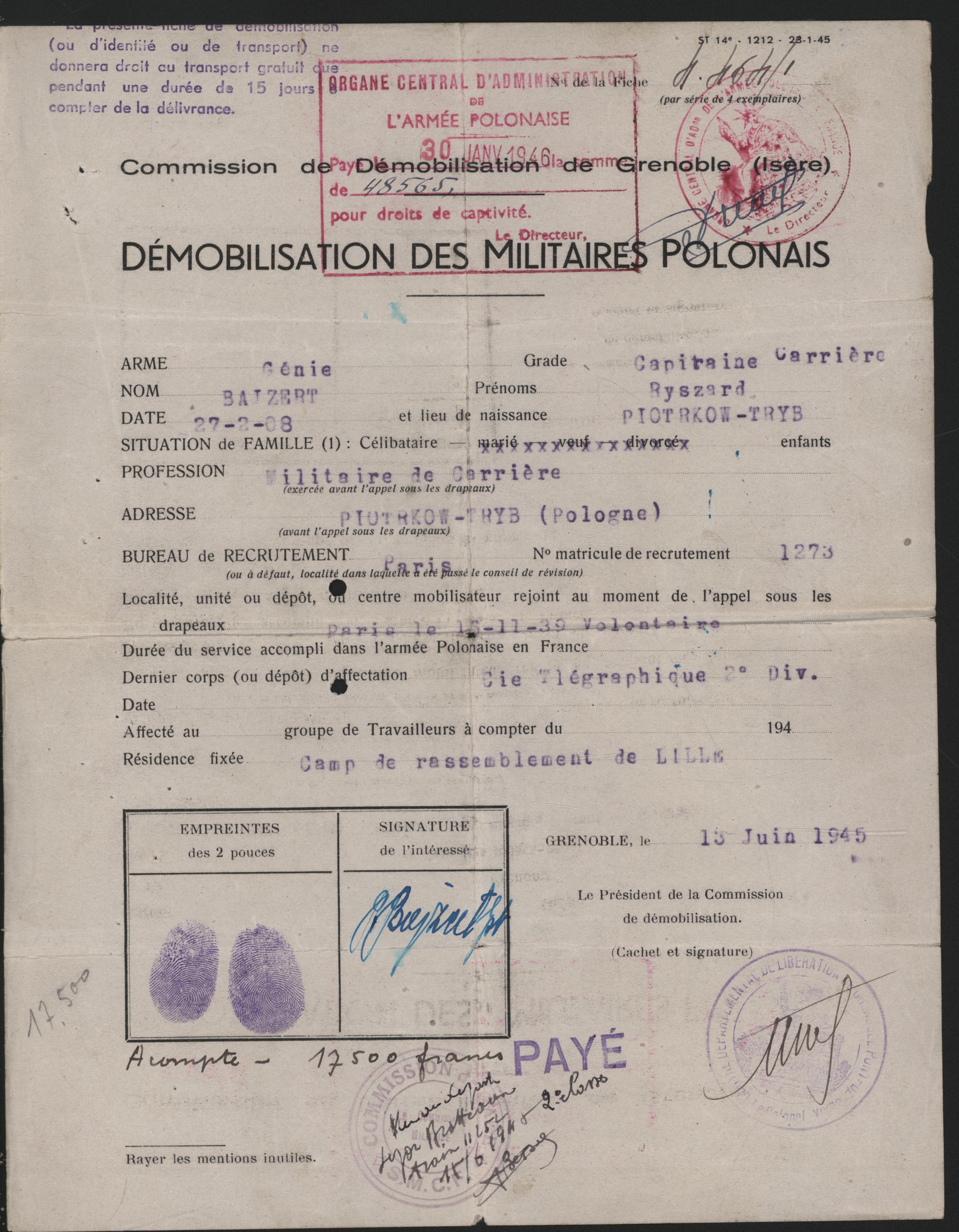Dokumentacja potwierdzająca służbę wojskową kpt. Ryszarda Bajzerta w Polskich Siłach Zbrojnych na Zachodzie (II wojna światowa)